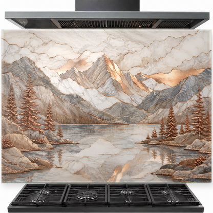 Copper Mountain Lake tempered glass backsplash installed behind a modern gas stove in a rustic kitchen.