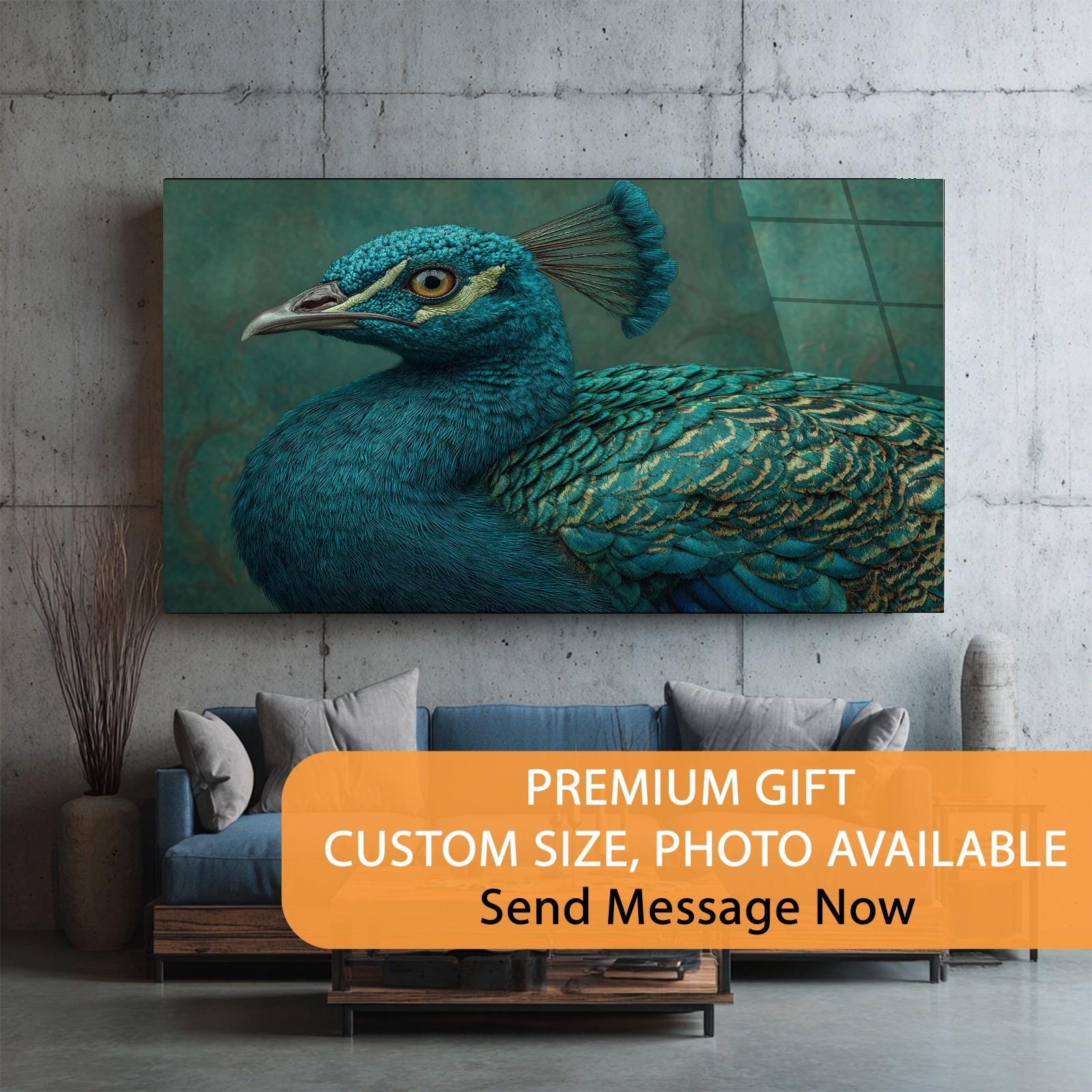 Peacock painting on a wall above a sofa with promotional text overlay.
