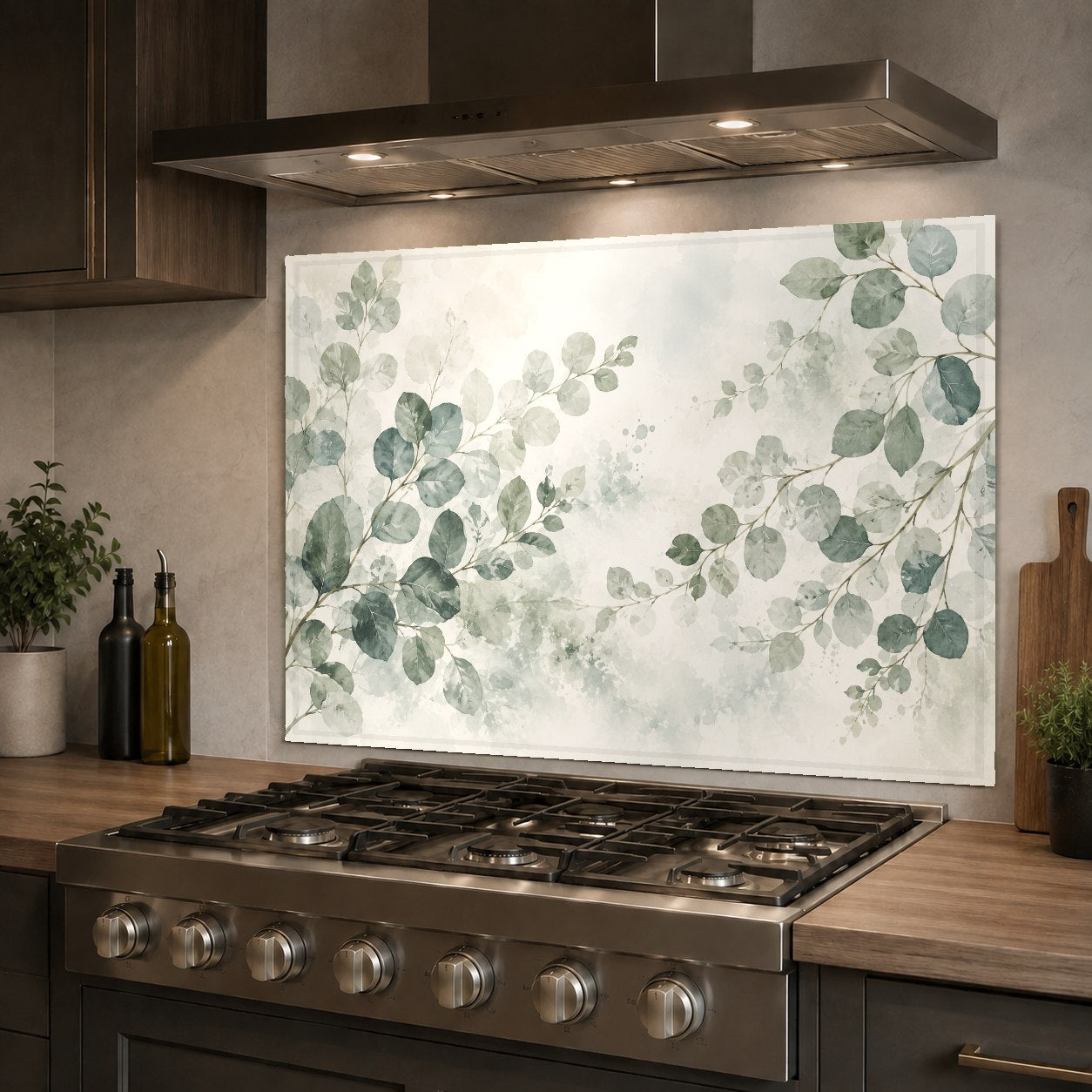 Sage green eucalyptus pattern glass backsplash panel behind a farmhouse kitchen sink with a matte black faucet.