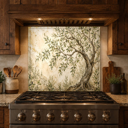 Durable and easy-to-clean olive branch glass backsplash protecting the wall behind a kitchen cooktop.