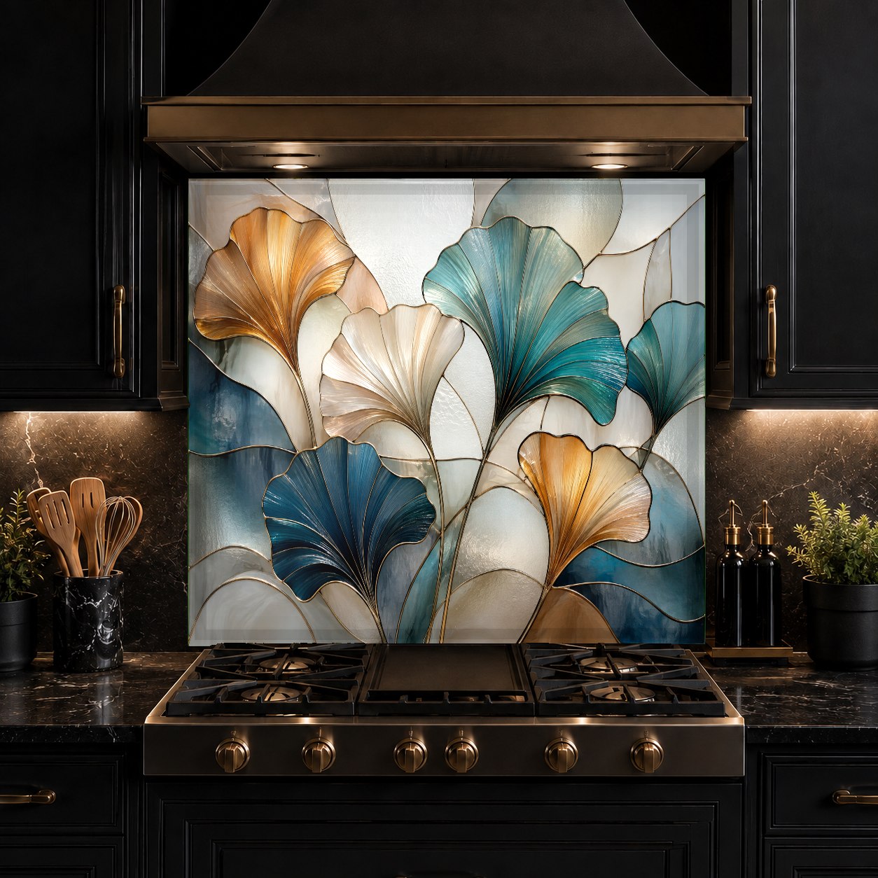 Floral stained glass tempered glass backsplash covering the main kitchen range wall