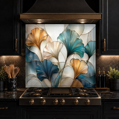 Floral stained glass tempered glass backsplash covering the main kitchen range wall