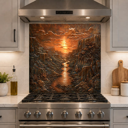 Close-up of a non-porous Copper Canyon glass backsplash panel showing its glossy, easy-to-clean surface.