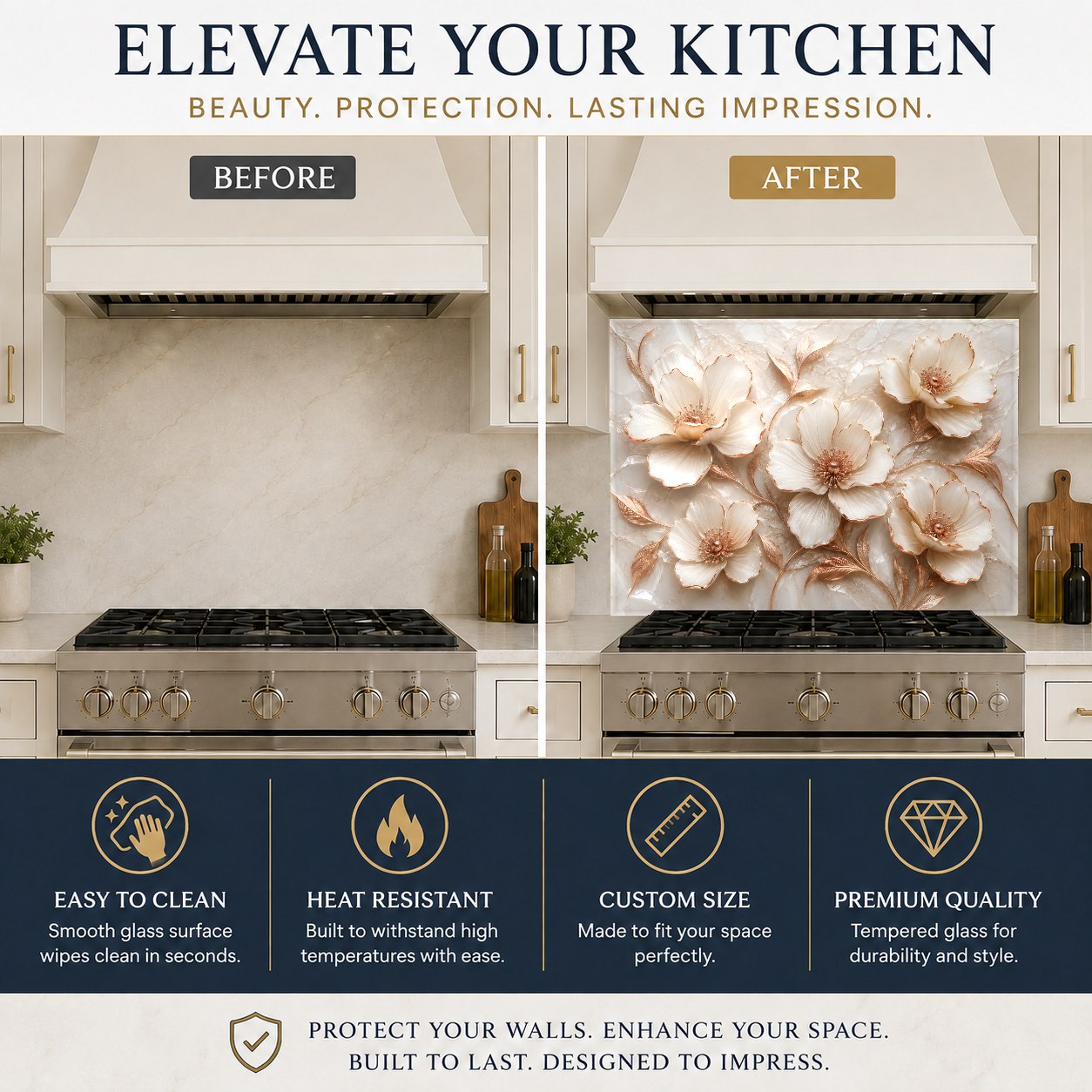 Elegant copper-toned glass backsplash mounted on the wall behind a stainless steel kitchen sink.