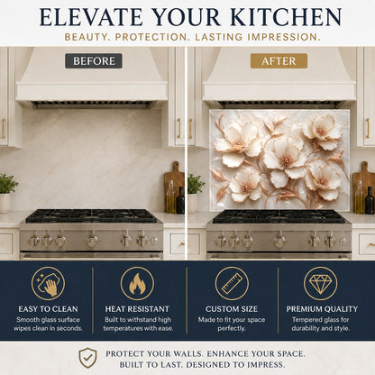 Elegant copper-toned glass backsplash mounted on the wall behind a stainless steel kitchen sink.