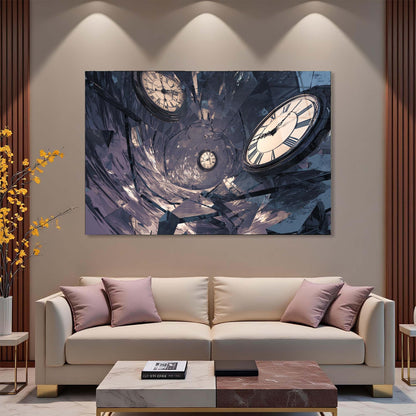 Modern living room with a beige sofa, decorative pillows, and a wall clock artwork.