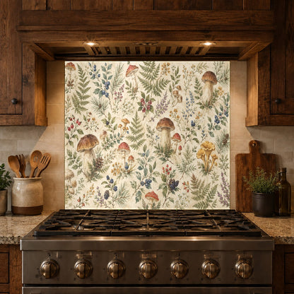 Vibrant botanical garden glass panel creating a colorful, grout-free focal point in a contemporary kitchen.