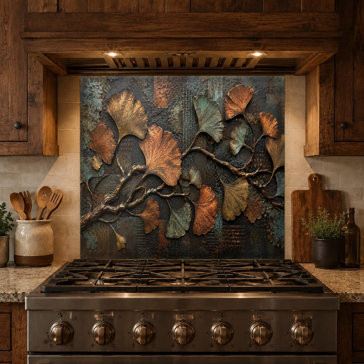 Easy-to-clean glass kitchen backsplash panel with ginkgo metal print behind the stove