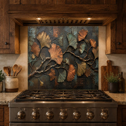 Easy-to-clean glass kitchen backsplash panel with ginkgo metal print behind the stove