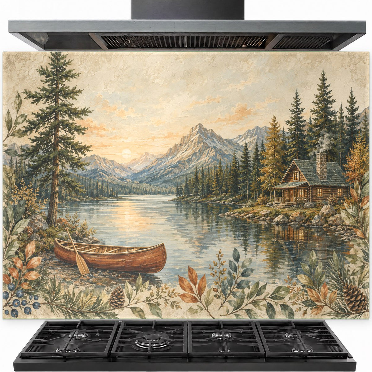 Lake Mountain tempered glass backsplash installed behind a modern gas stove in a rustic kitchen.