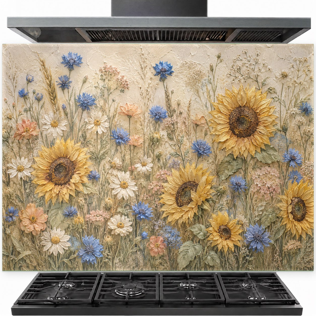 Sunflowers tempered glass backsplash installed behind kitchen stove