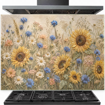Sunflowers tempered glass backsplash installed behind kitchen stove