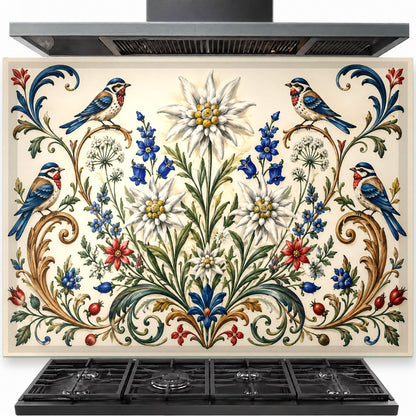 Coral Garden floral tempered glass kitchen backsplash installed securely behind a stainless steel stove