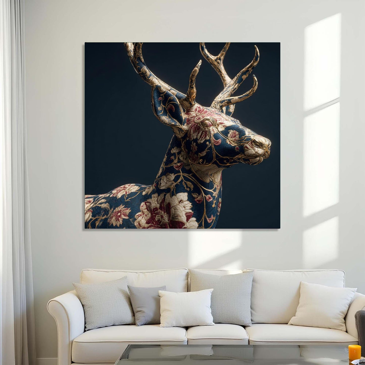 Decorative wall art of a floral-patterned deer head on a dark background in a living room.