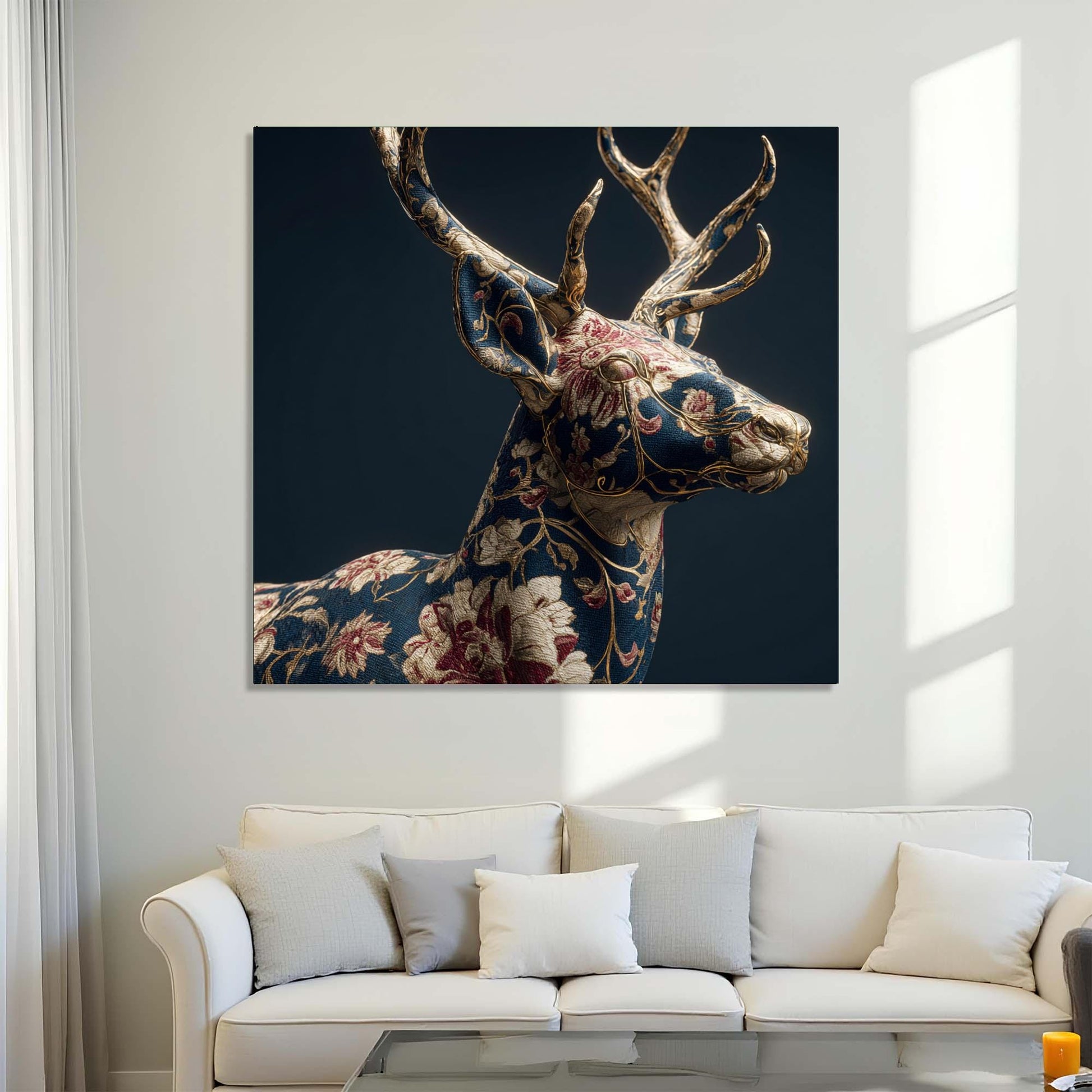 Decorative wall art of a floral-patterned deer head on a dark background in a living room.