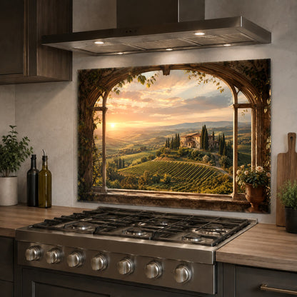 Durable and hygienic glass backsplash panel protecting kitchen walls from cooking splatters