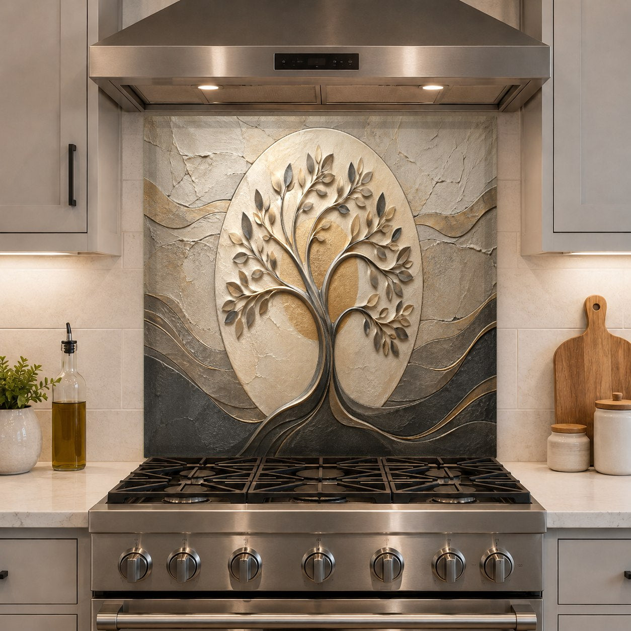 High-gloss tempered glass kitchen backsplash featuring modern tree art
