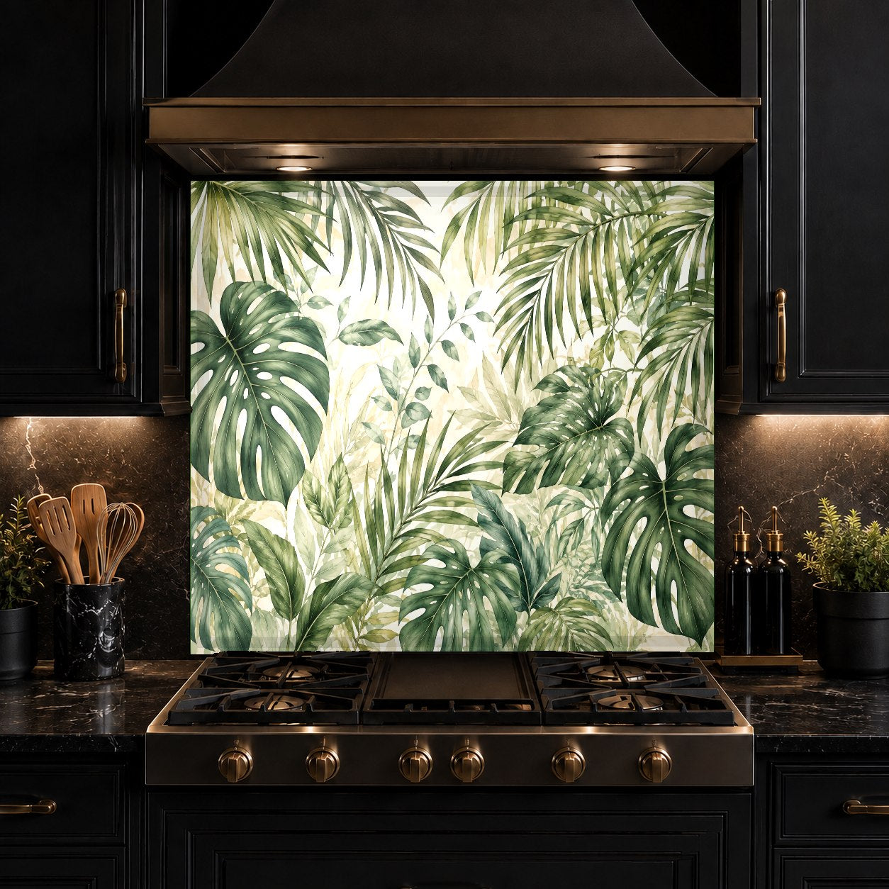Tropical Canopy glass backsplash installed as a protective wall panel behind a kitchen stove cooktop.