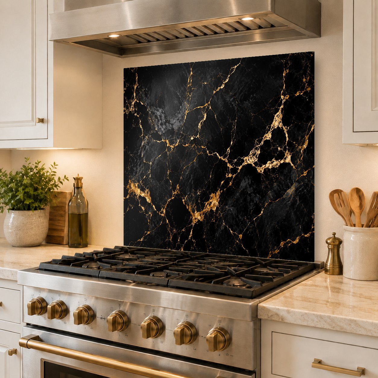 Custom sized noir marble glass backsplash panel providing elegant wall protection behind a stove.