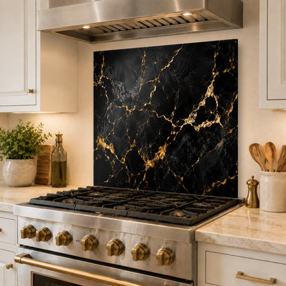 Custom sized noir marble glass backsplash panel providing elegant wall protection behind a stove.