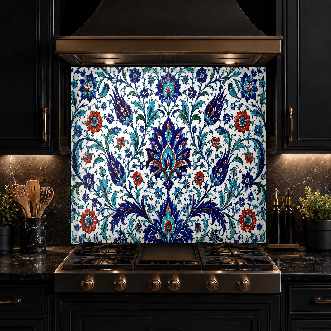 Vibrant blue and turquoise Iznik tile glass backsplash panel perfectly fitted behind an induction cooktop.