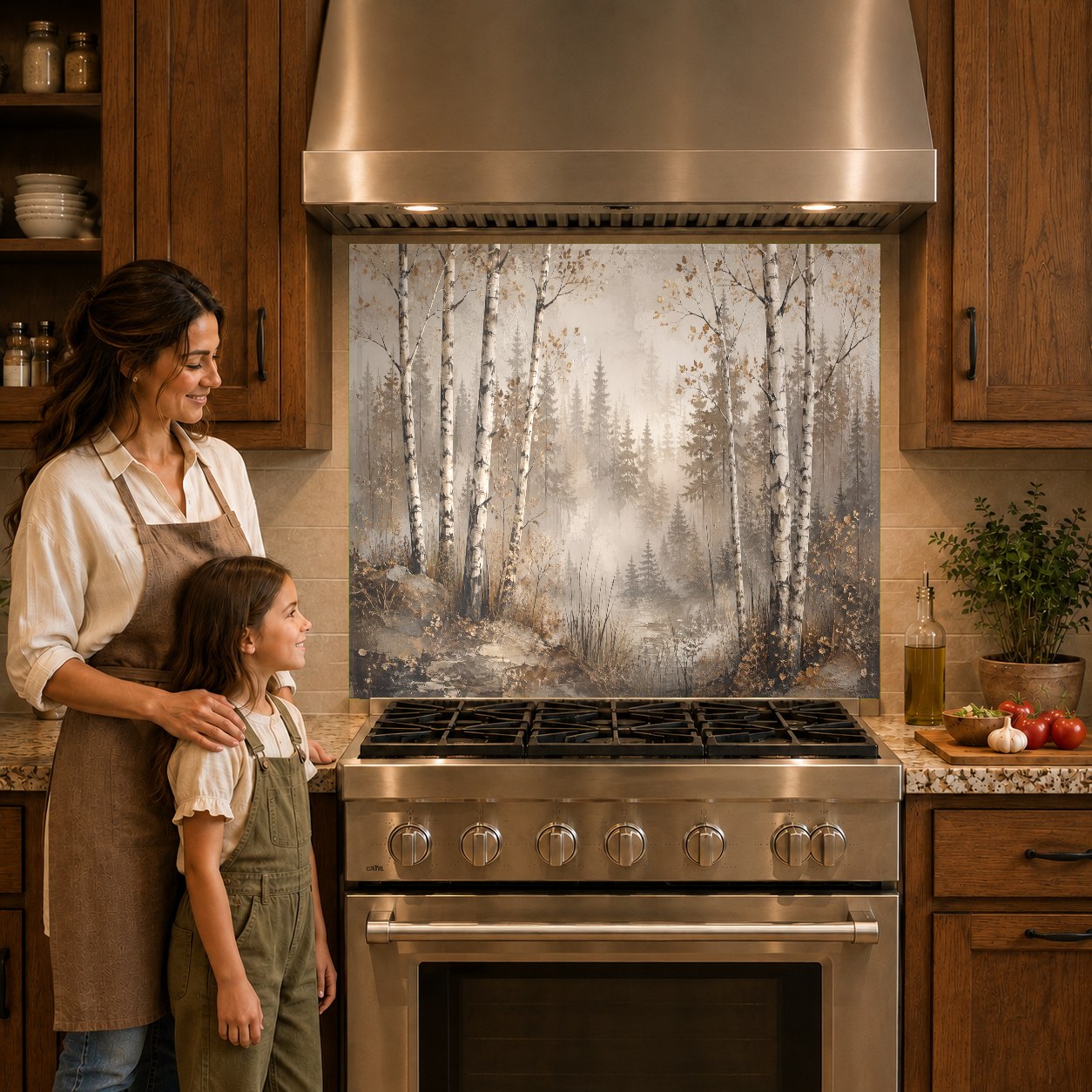 Close-up of Birch Mist glass kitchen backsplash panel behind a cooktop