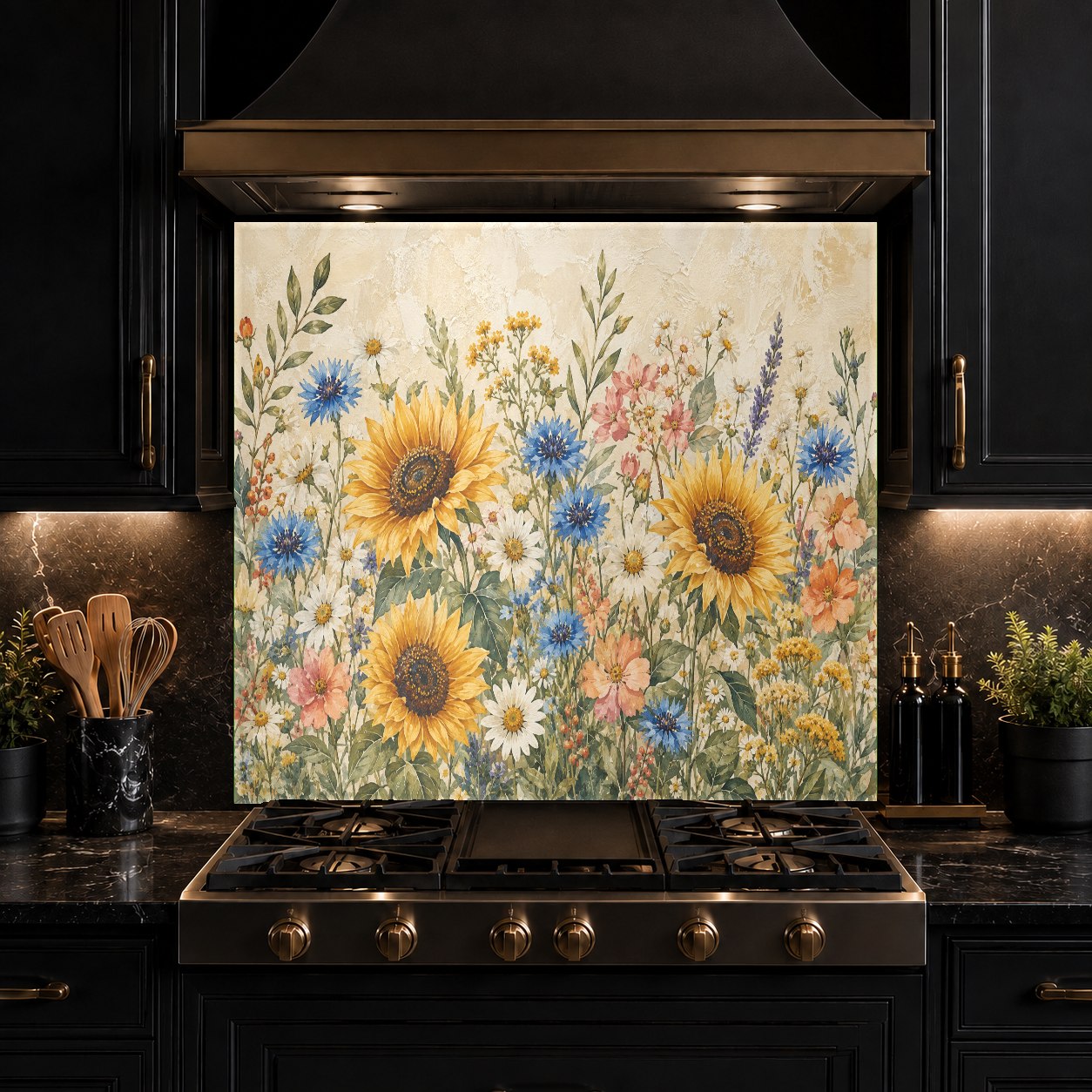 Farmhouse kitchen featuring a sunflower glass backsplash behind the sink, highlighting its seamless, glossy finish.