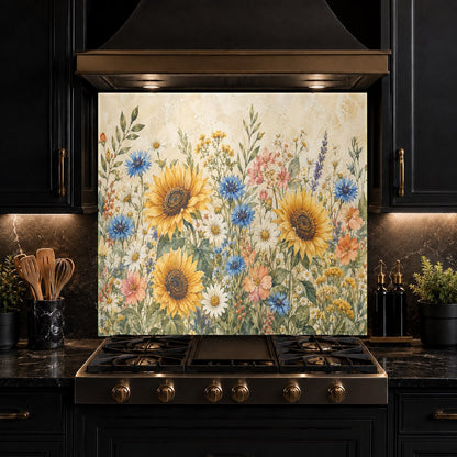 Farmhouse kitchen featuring a sunflower glass backsplash behind the sink, highlighting its seamless, glossy finish.