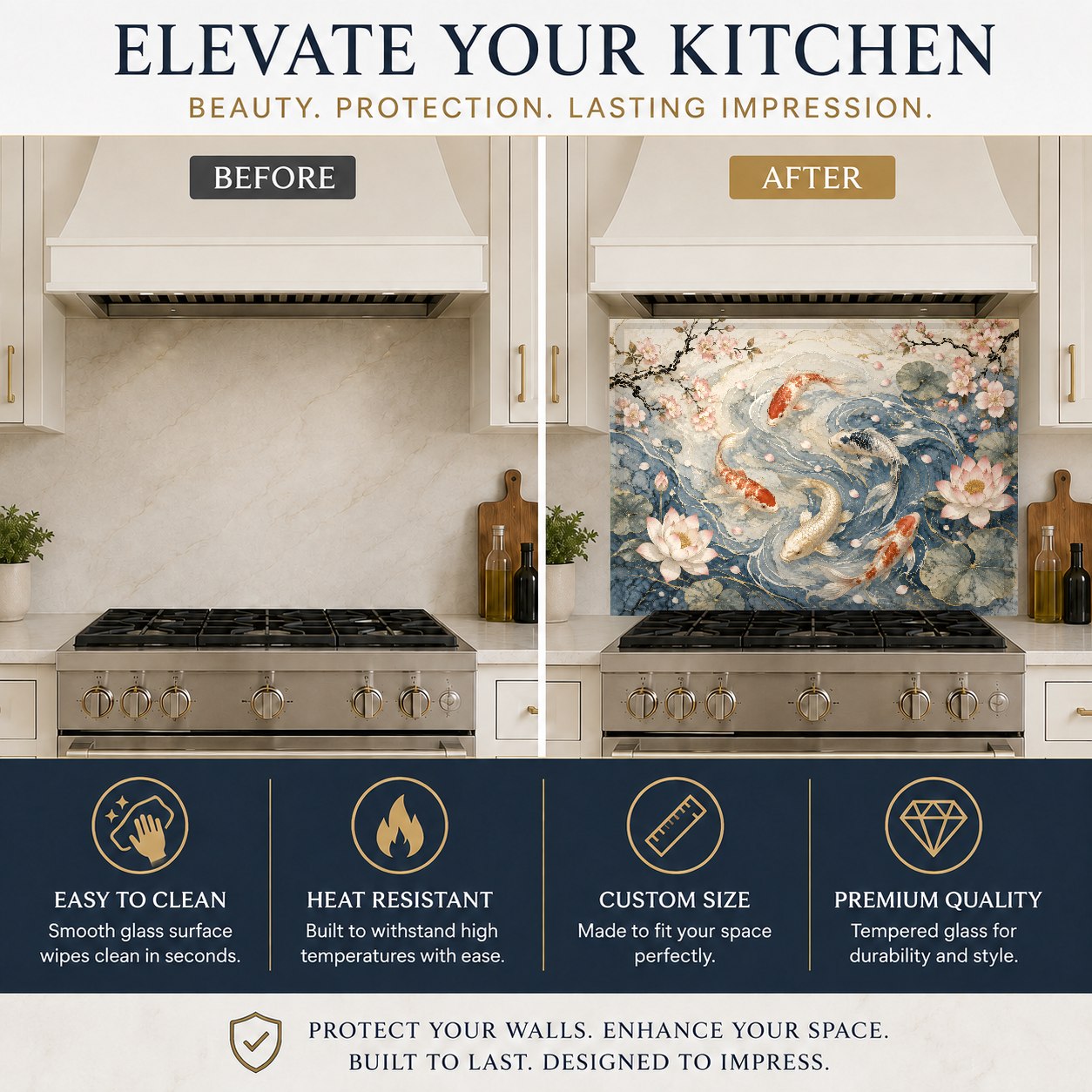 Zen koi fish kitchen glass backsplash over a kitchen island prep area