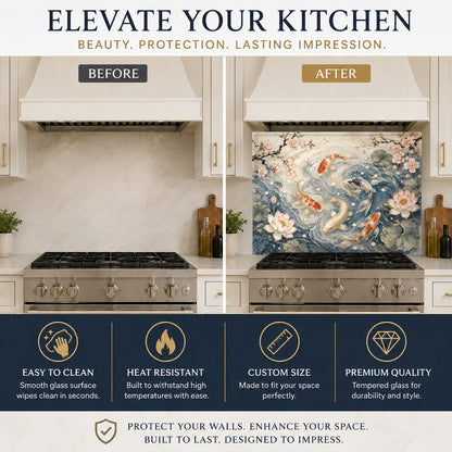 Zen koi fish kitchen glass backsplash over a kitchen island prep area