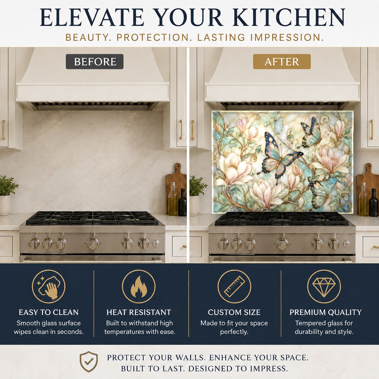 Butterfly pattern glass backsplash above kitchen sink wall