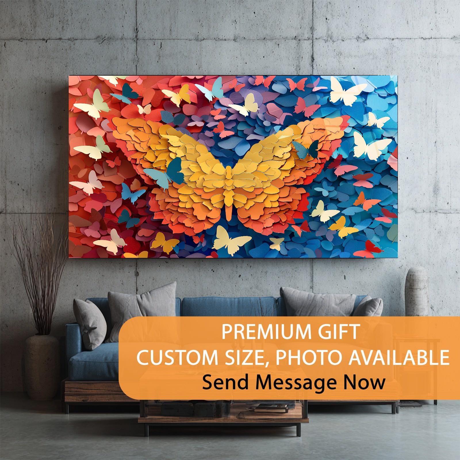 Colorful butterfly artwork on a wall above a sofa with promotional text overlay.