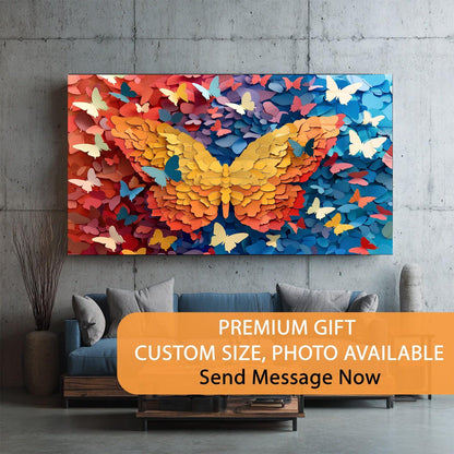 Colorful butterfly artwork on a wall above a sofa with promotional text overlay.