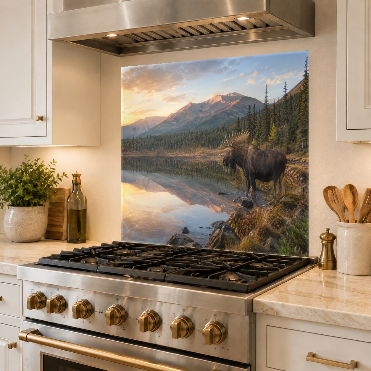 A rustic kitchen sink wall featuring the Lake Elk tempered glass backsplash with natural wood cabinets.