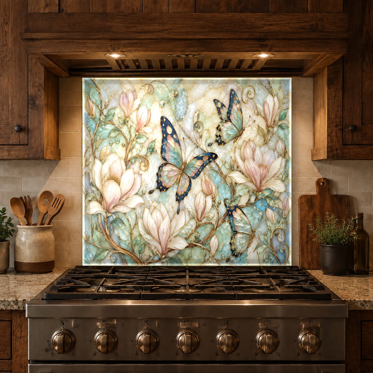 Custom size butterfly glass backsplash panel in luxury kitchen