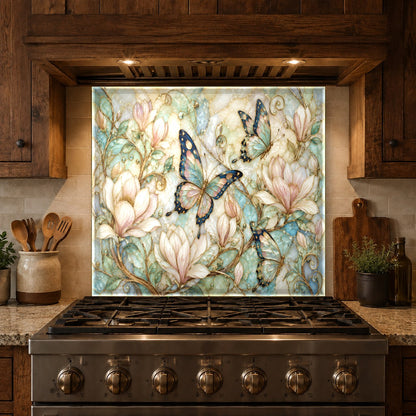 Custom size butterfly glass backsplash panel in luxury kitchen