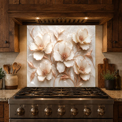 Modern kitchen design featuring a sleek floral copper glass backsplash behind a high-end induction cooktop.