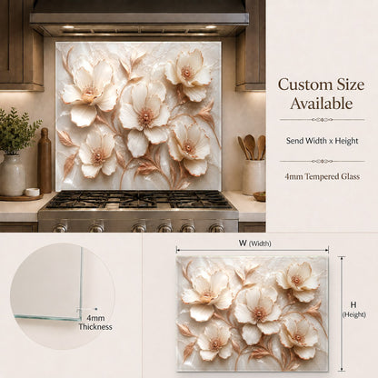 Contemporary kitchen island prep area featuring a stylish floral copper glass backsplash.