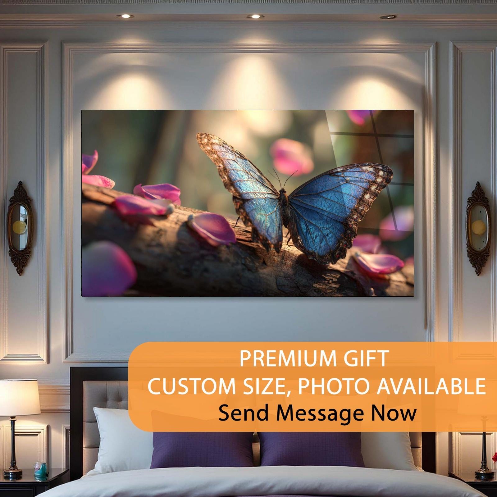Butterfly artwork on a wall above a bed with promotional text.