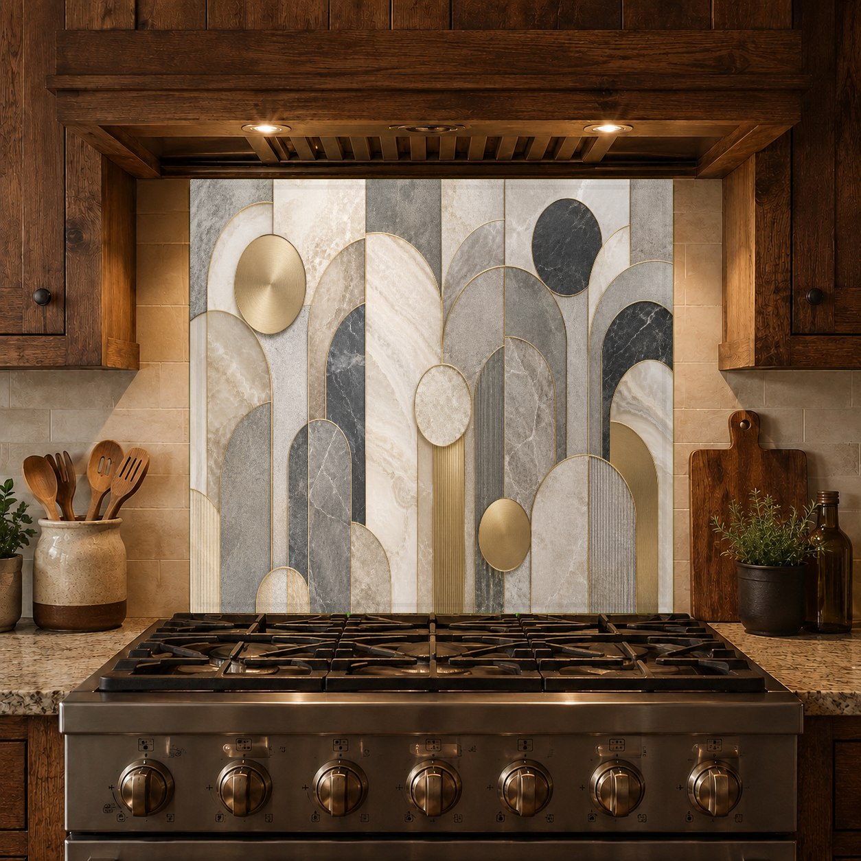 Modern kitchen island featuring a marble arches glass splash guard