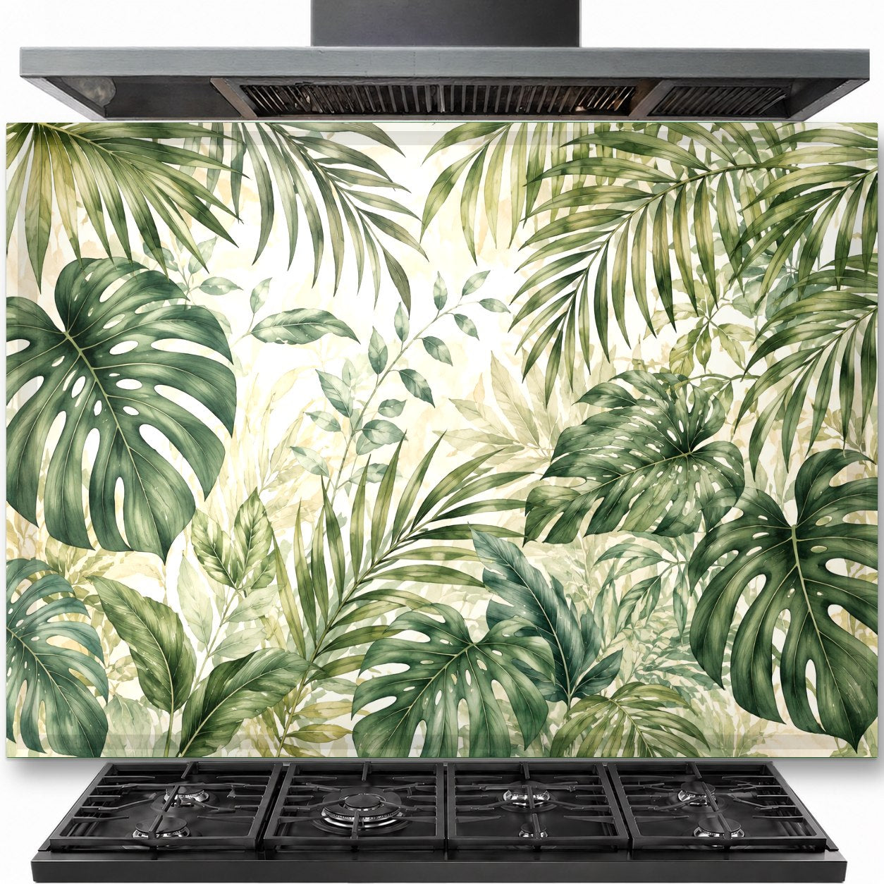 Tropical Canopy tempered glass backsplash panel installed behind a modern gas stove in a white kitchen.