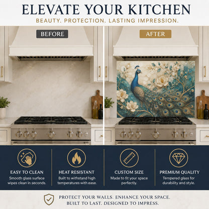 Elegant peacock-themed glass backsplash behind a kitchen sink, showing a clean, grout-free glossy surface.