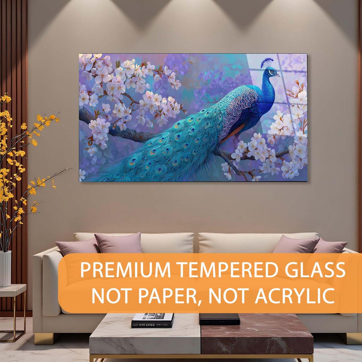 Peacock Blossom Tempered Glass Wall Art | Elegant Nature Decor