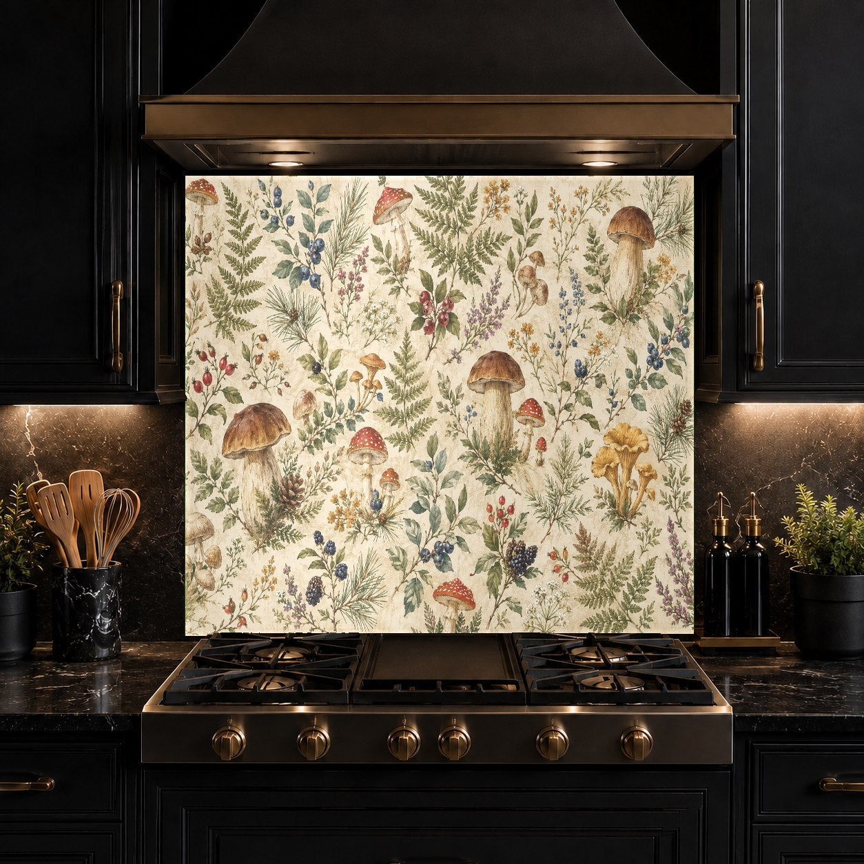 Modern kitchen island wall featuring a stunning nature-inspired green foliage glass backsplash.