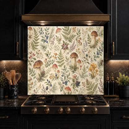 Modern kitchen island wall featuring a stunning nature-inspired green foliage glass backsplash.