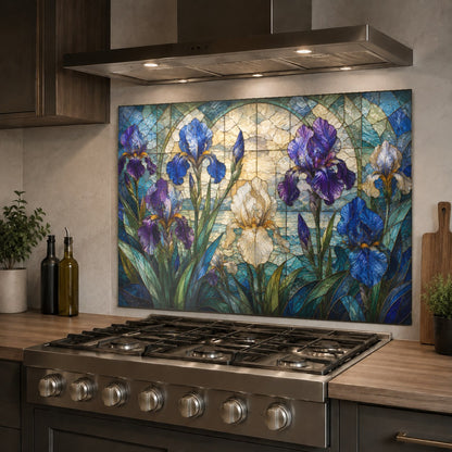 Botanical iris garden glass backsplash protecting the kitchen sink wall from water splashes