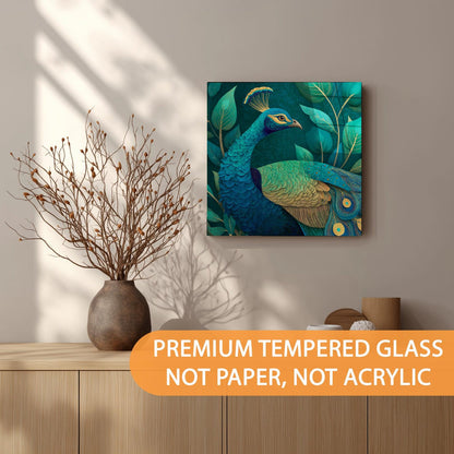 Peacock painting on a wall above a wooden shelf with decorative items.