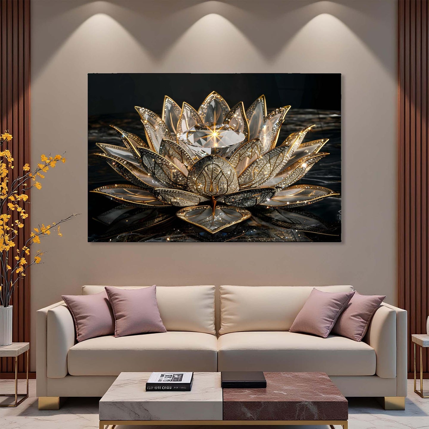 Decorative wall art of a gold lotus flower in a modern living room.