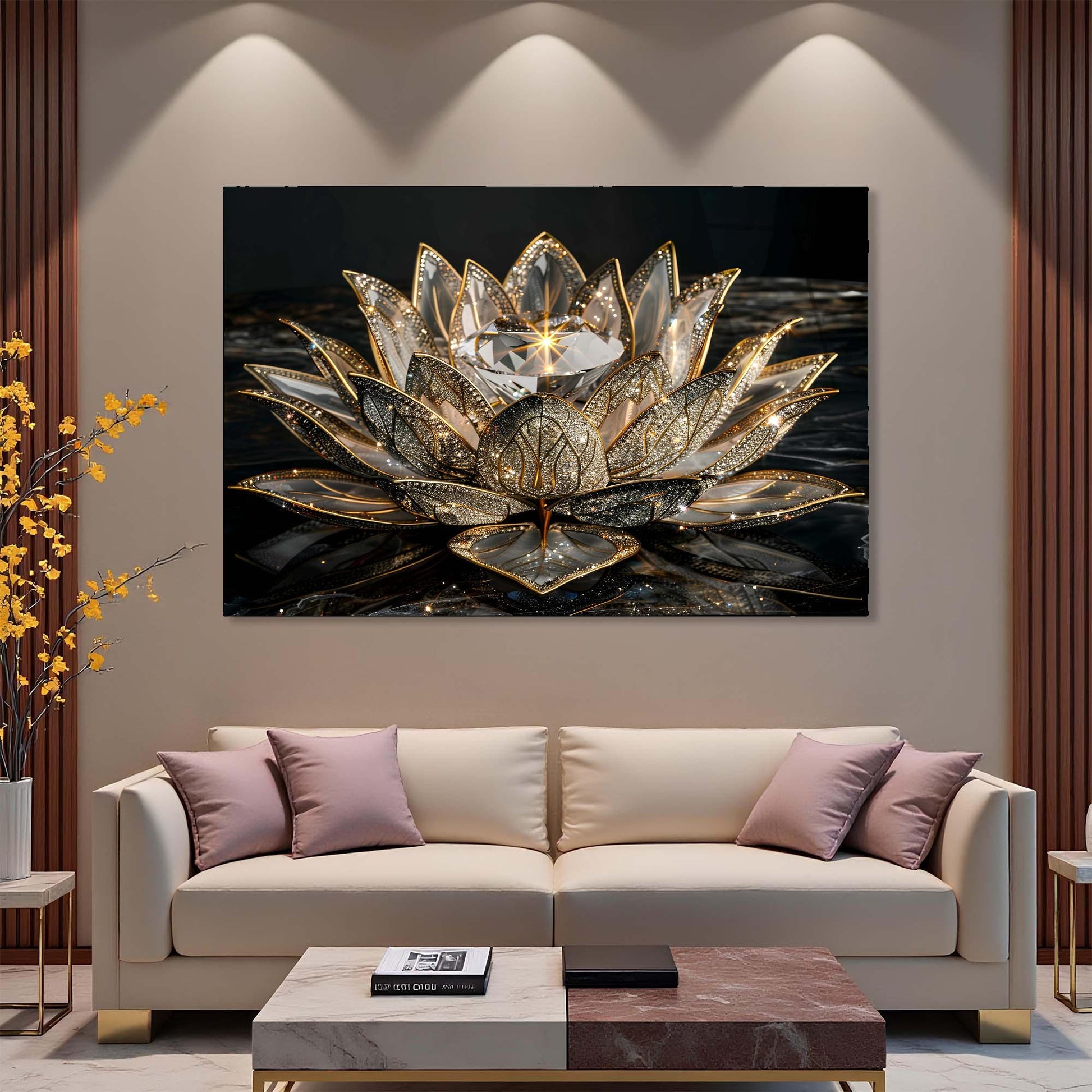 Decorative wall art of a gold lotus flower in a modern living room.