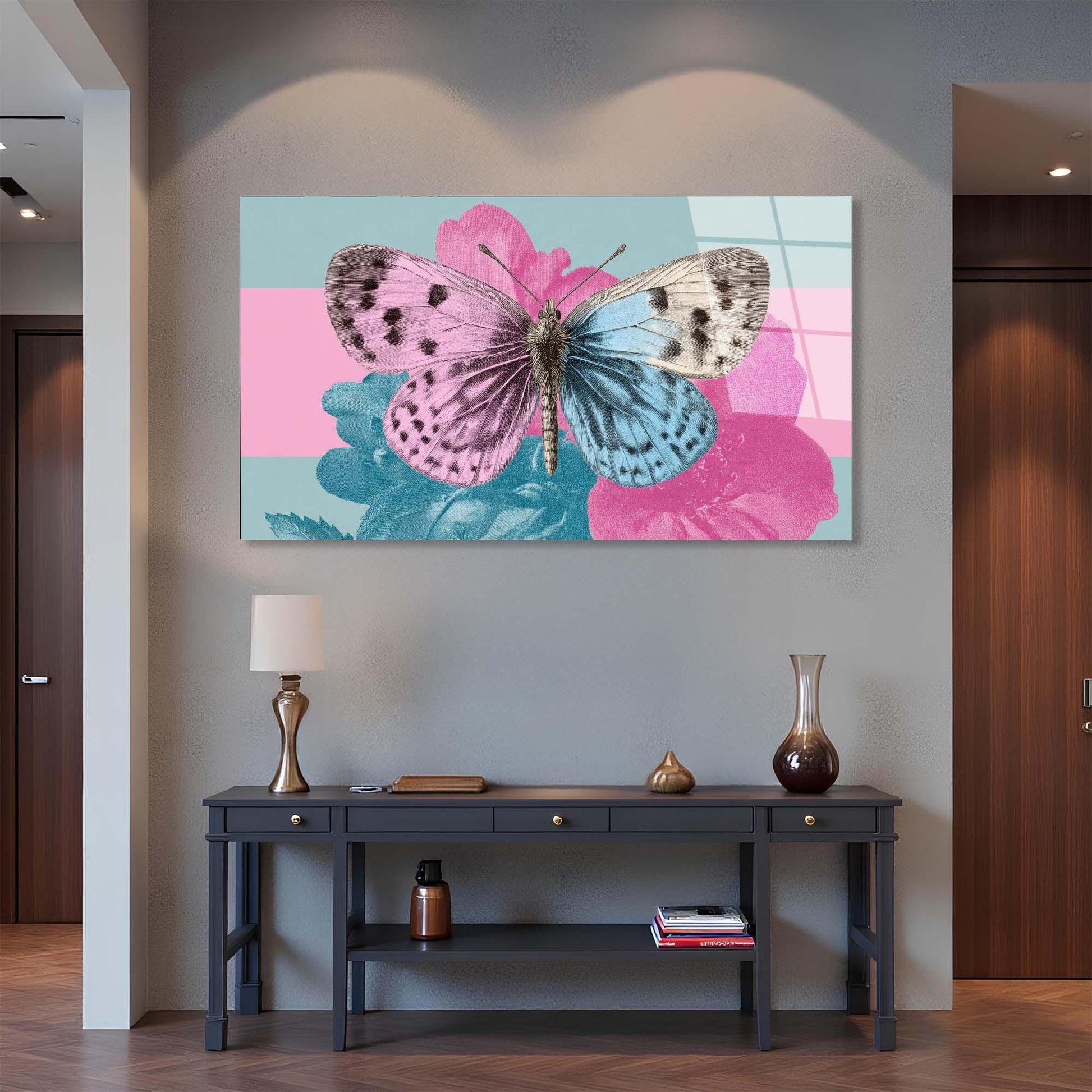 Decorative painting of a butterfly on a wall above a console table.